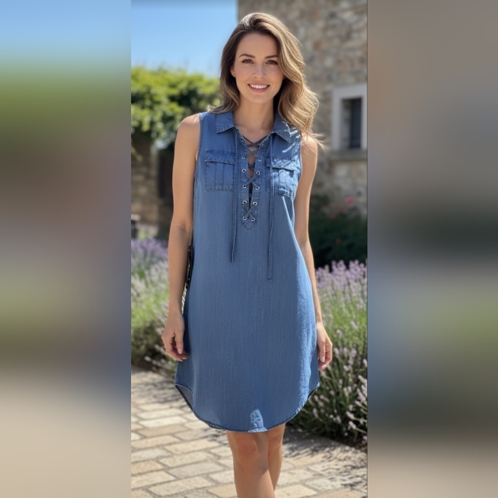 bebe Blue Lace-Up Denim Mini Dress